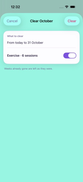 The Clear October sheet: from today to 31 October, with Exercise, 6 sessions, switched on