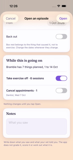 Opening an episode, with a card headed While this is going on: Bramble has 7 things planned, 1 to 14 Oct, Take exercise off, 6 sessions, switched on, and Cancel appointments, Dentist, Wed 7 Oct, switched off