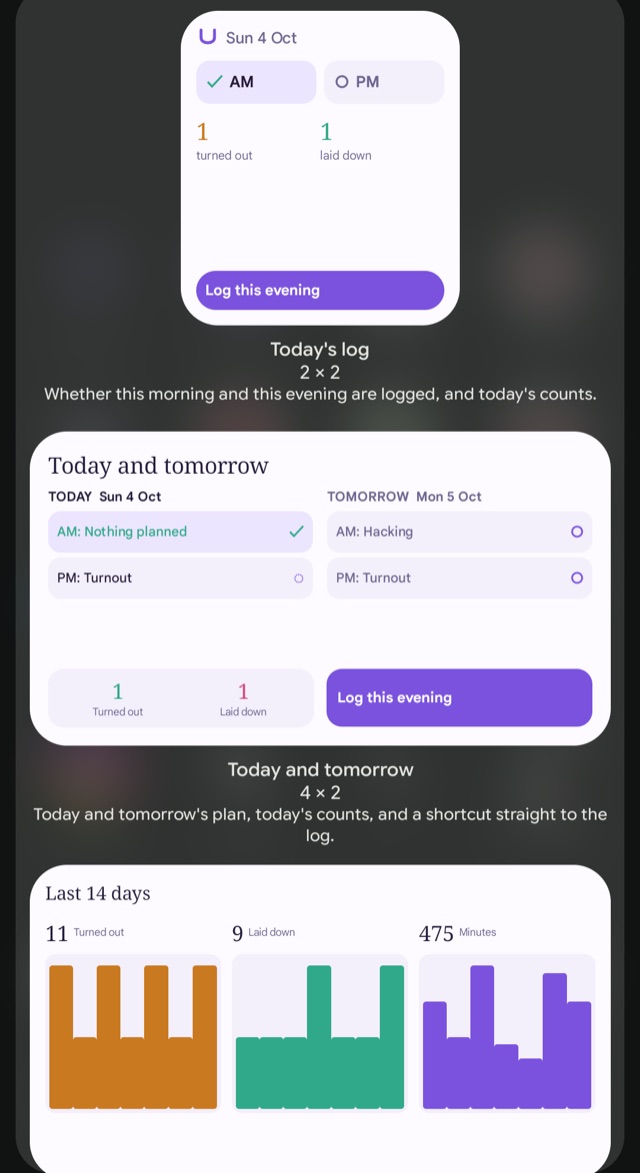 The Android widget list for HorseDex, showing Today's log at 2 by 2, Today and tomorrow at 4 by 2, and Last 14 days at 4 by 2, each drawn with made-up data