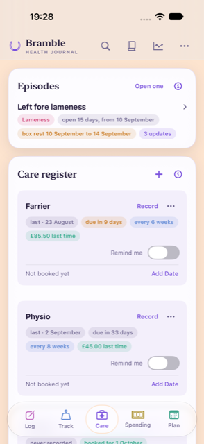The Care page showing an Episodes card and a Care register card, each with its own ⓘ at the right of its title