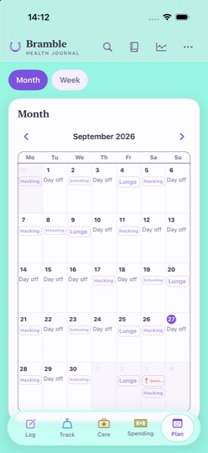 Plan's month view for September: taller days, each showing the planned morning and afternoon sessions, such as Hacking, Schooling and Lunge