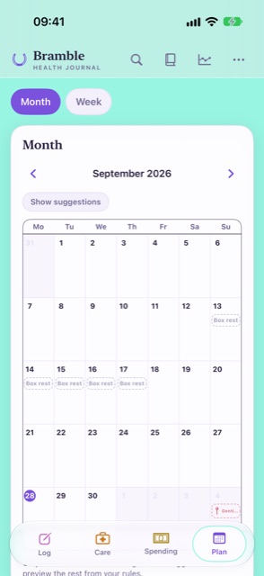 The Plan page's month for September, showing only a few box-rest days and one booking, with a Show suggestions button above the grid